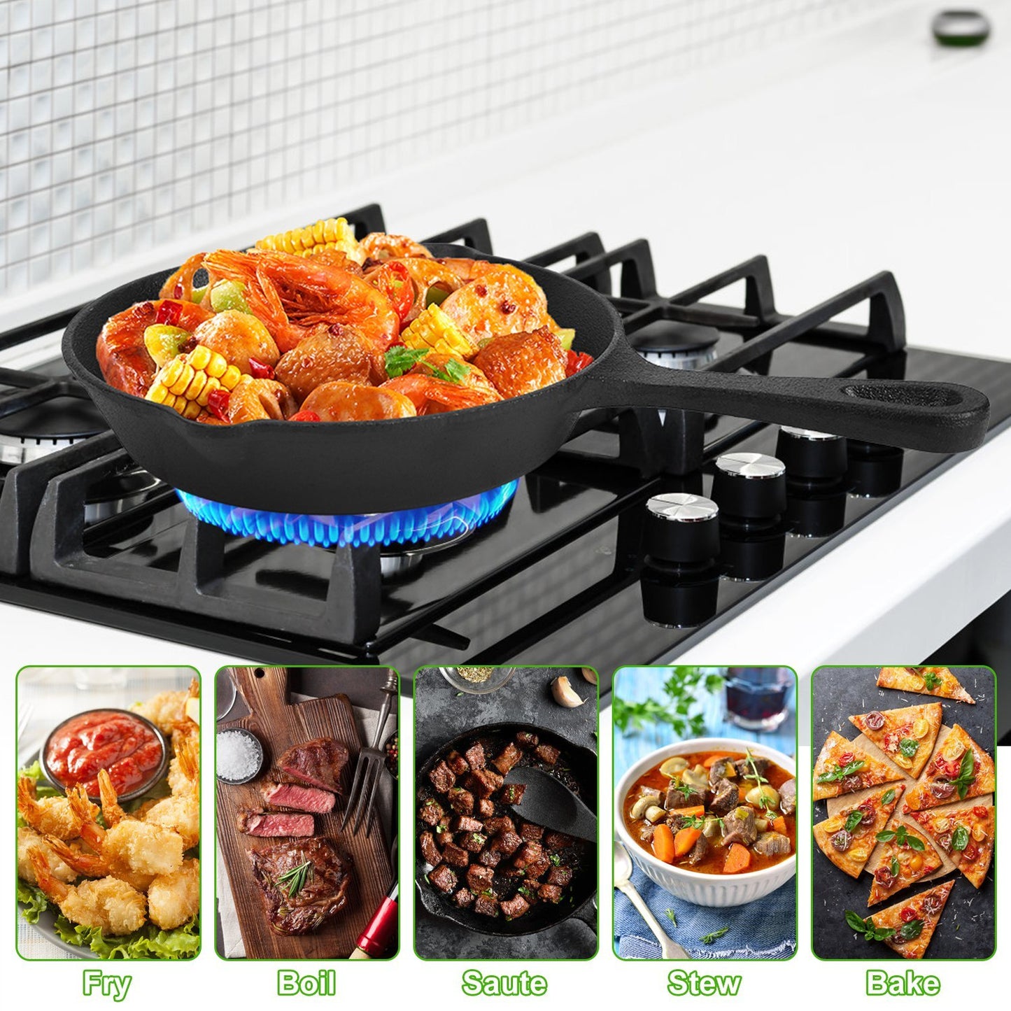 3Pcs Pre-Seasoned Cast Iron Skillet Set 6in 8in 10in Non-Stick Oven Safe Cookware Heat-Resistant Frying Pan.