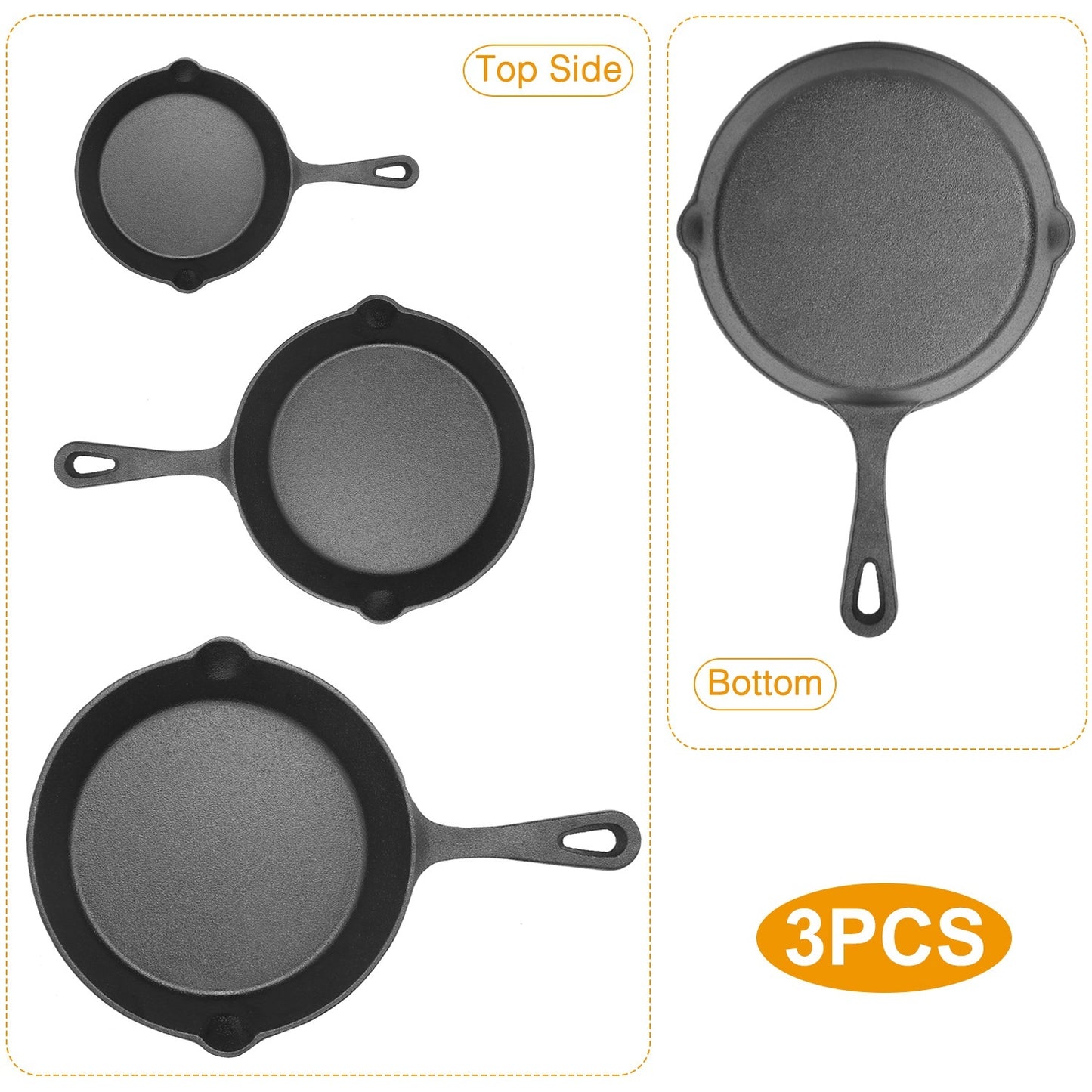 3Pcs Pre-Seasoned Cast Iron Skillet Set 6in 8in 10in Non-Stick Oven Safe Cookware Heat-Resistant Frying Pan.