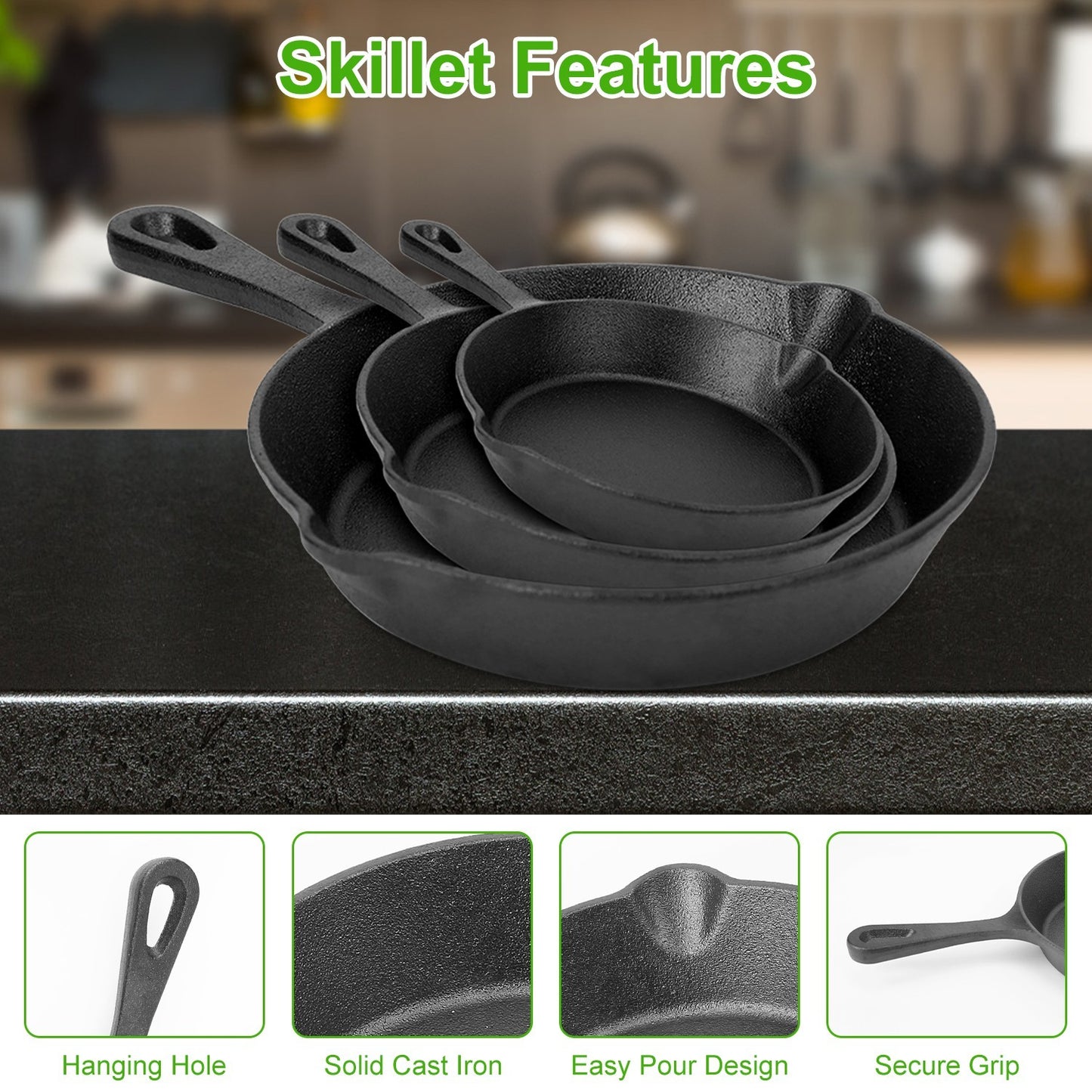 3Pcs Pre-Seasoned Cast Iron Skillet Set 6in 8in 10in Non-Stick Oven Safe Cookware Heat-Resistant Frying Pan.