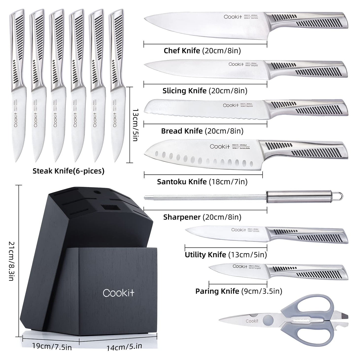 Kitchen Knife Set, 15 Piece Knife Sets with Non-Slip German Stainless Steel.