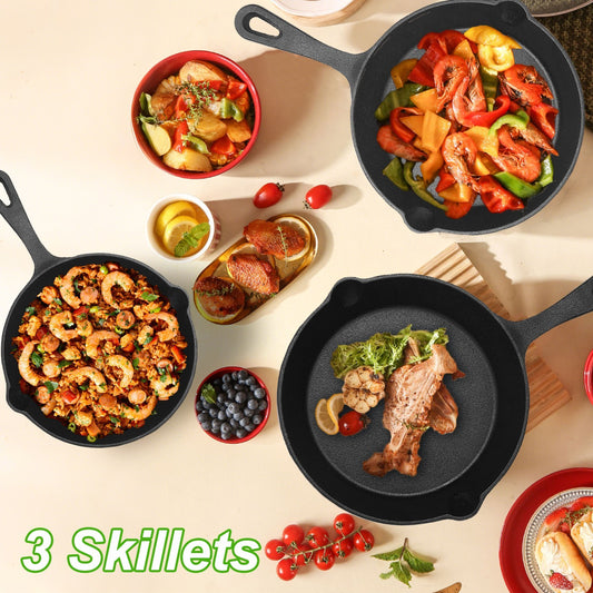 3Pcs Pre-Seasoned Cast Iron Skillet Set 6in 8in 10in Non-Stick Oven Safe Cookware Heat-Resistant Frying Pan.