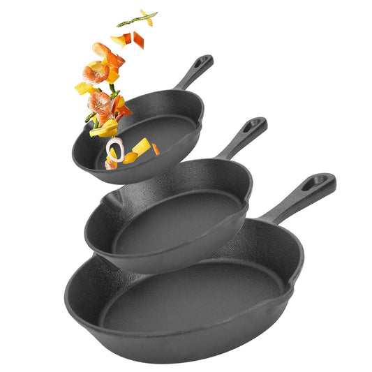 3Pcs Pre-Seasoned Cast Iron Skillet Set 6in 8in 10in Non-Stick Oven Safe Cookware Heat-Resistant Frying Pan.